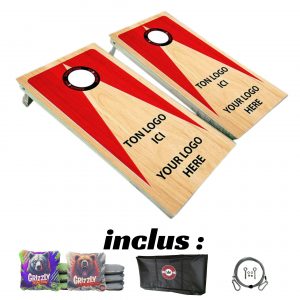 Promotional product collage: cornhole boards with 'Your Logo Here' spaces and other branded swag items like bags and accessories