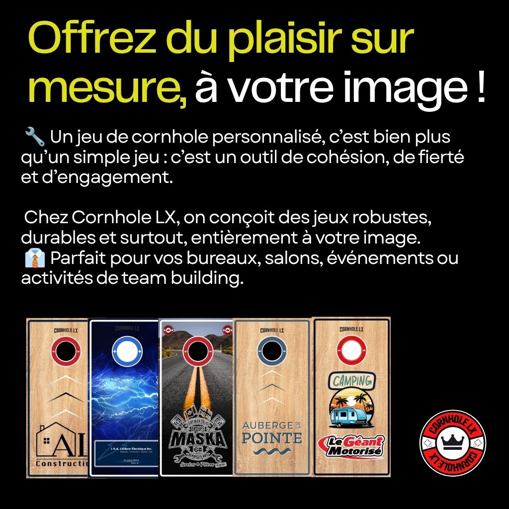 Promo banner offering customizable cornhole boards to match your image; five wooden boards with different designs.