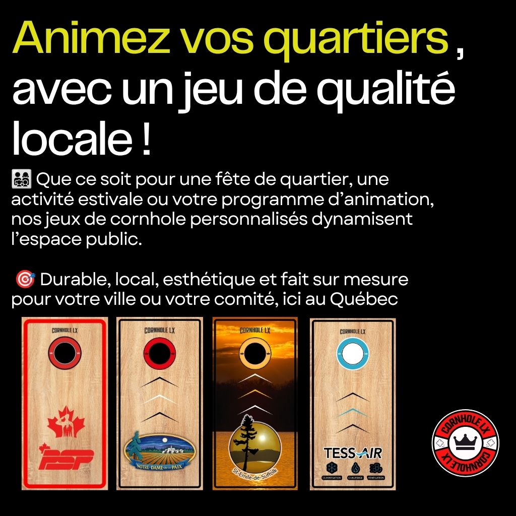 Black poster promoting a local cornhole game – four wooden boards and the round logo at the bottom right.