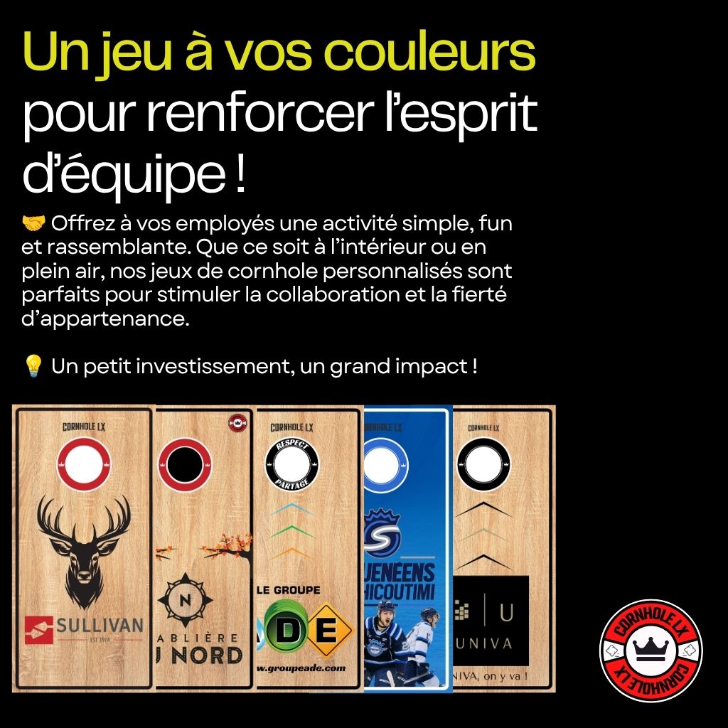 Slide promoting a color-themed team-building game in French, showing six wooden cornhole boards and a Cornhole LX logo at the bottom-right.