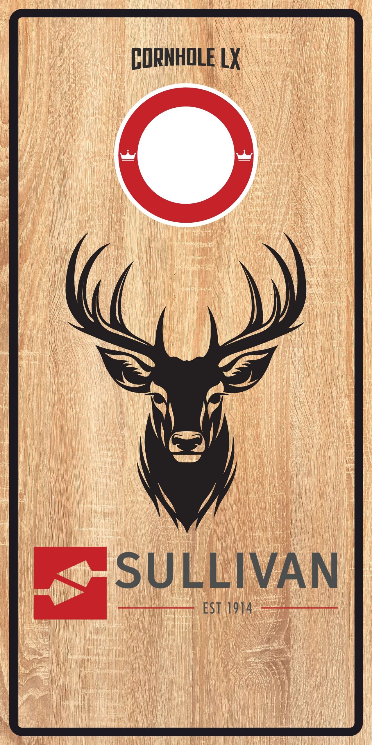 Wooden cornhole board branding with a red circular hole, black deer silhouette, and Sullivan logo.